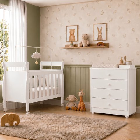 Quarto de Bebê com Berço Mini Cama 100% MDF Slim e Cômoda de Bebê 100% MDF 4 Gavetas Soft Life Branc