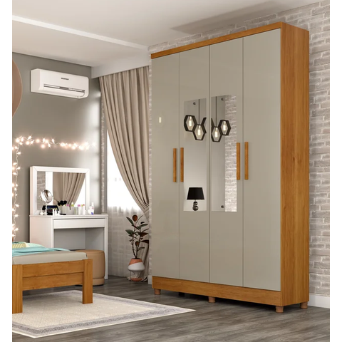 Guarda Roupa Amsterdam 4 Pts com Espelho e Pés - Cinamomo/Off - Móveis Tcil