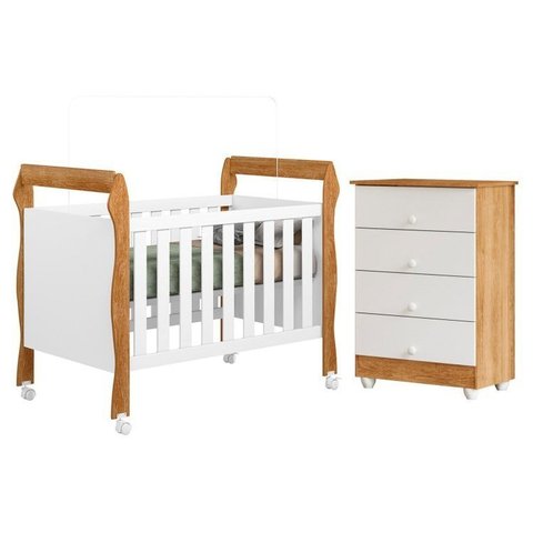 Quarto de Bebê com Berço Mini Cama 3 em 1 Soninho e Cômoda de Bebê 100% MDF 4 Gavetas Soft Life Marrom/Branco/Madeirado Ypê