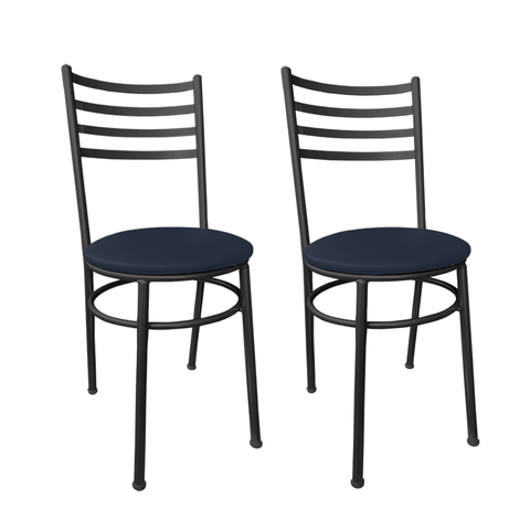 Conjunto 2 Cadeiras Jantar de Metal Preto e Assento Estofado Azul Escuro