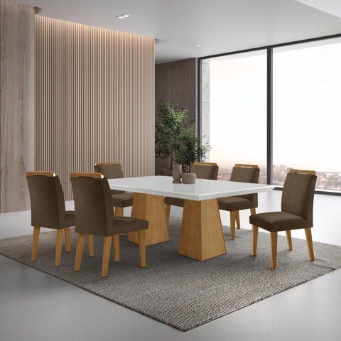 Mesa Inovare 180 Tp MDF Vidro/Canto Reto com 6 Cadeiras Bugatti Marrom/Off White/Imbuia Ripado