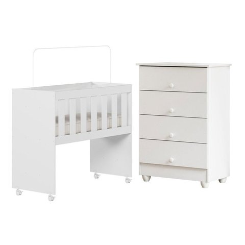 Quarto de Bebê com Mini Berço com Colchão 5 em 1 Ariel e Cômoda de Bebê 100% MDF 4 Gavetas Soft Life Branco