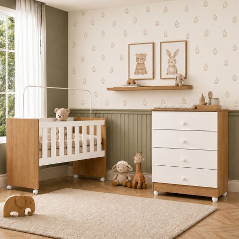 Quarto de Bebê com Mini Berço com Colchão 5 em 1 Ariel e Cômoda de Bebê 100% MDF 4 Gavetas Soft Life