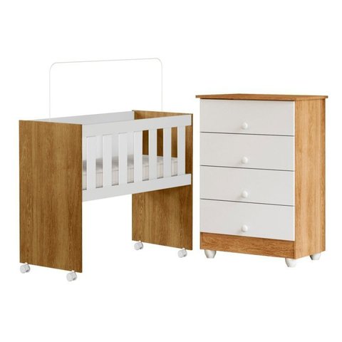 Quarto de Bebê com Mini Berço com Colchão 5 em 1 Ariel e Cômoda de Bebê 100% MDF 4 Gavetas Soft Life Branco/Madeirado Ypê