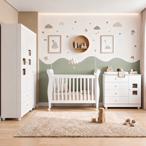 Quarto de Bebê Berço Mini Cama, Cômoda 1 Porta 4 Gavetas e Roupeiro 3 Portas 2 Gavetas Branco