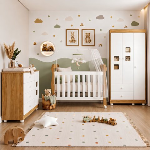 Quarto de Bebê com Berço Mini Cama, Cômoda 1 Porta 4 Gavetas e Roupeiro 100% MDF 3 Portas 2 Gavetas 