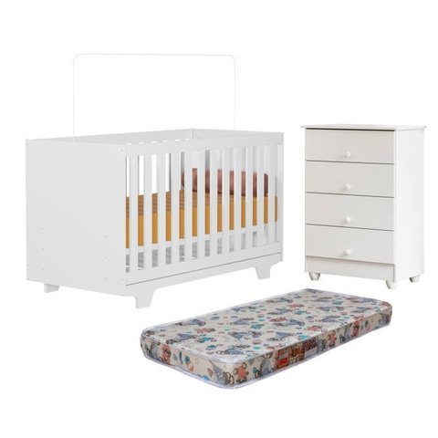 Quarto de Bebê com Berço Mini Cama com Colchão Life e Cômoda de Bebê 100% MDF 4 Gavetas Soft Life Branco