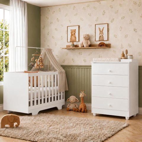 Quarto de Bebê com Berço Mini Cama 100% MDF Life e Cômoda de Bebê 100% MDF 4 Gavetas Soft Life Branc