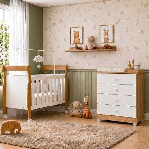 Quarto de Bebê com Berço Mini Cama 100% MDF Slim e Cômoda de Bebê 100% MDF 4 Gavetas Soft Life Branc
