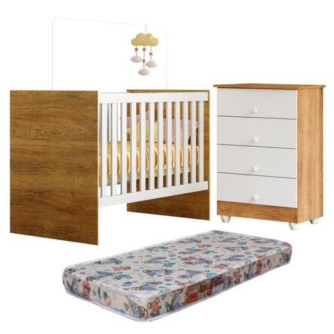 Quarto de Bebê com Berço com Colchão Suporte Life e Cômoda de Bebê 100% MDF 4 Gavetas Soft Life Branco/Madeirado Ypê