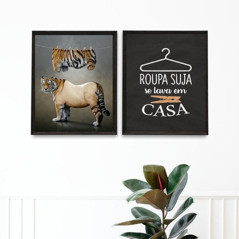 Kit 2 Quadros Divertidos para Lavanderia Tigre 24x18cm:moldura Branca