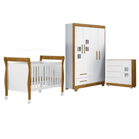 Quarto de Bebê com Berço Mini Cama Slim, Cômoda 1 Porta 4 Gavetas e Roupeiro 4 Portas 2 Gavetas Branco/Madeirado Ypê
