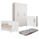Ver imagem 1 de Quarto de Bebê Berço Mini Cama com Colchão, Cômoda 1 Porta 4 Gavetas e Roupeiro 4 Portas 3 Gavetas Branco