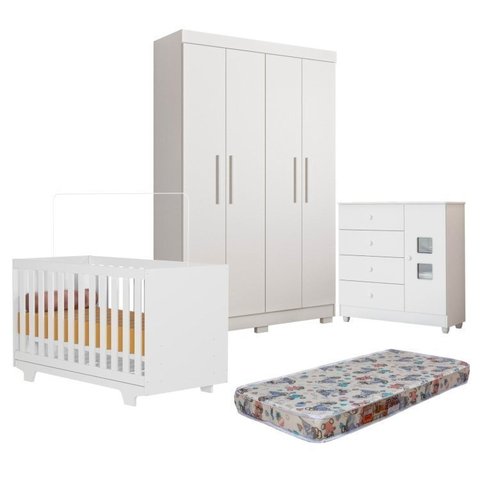 Quarto de Bebê Berço Mini Cama com Colchão, Cômoda 1 Porta 4 Gavetas e Roupeiro 4 Portas 3 Gavetas Branco