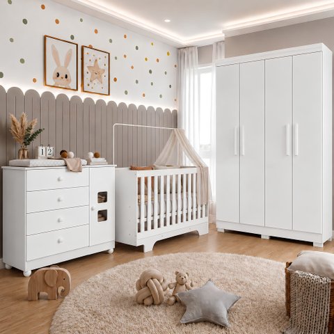 Quarto de Bebê Berço Mini Cama com Colchão, Cômoda 1 Porta 4 Gavetas e Roupeiro 4 Portas 3 Gavetas B