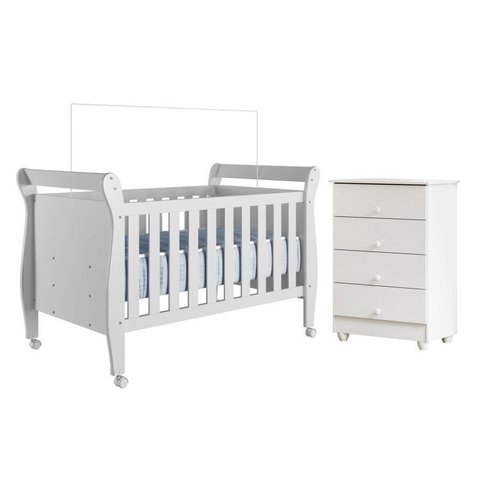 Quarto de Bebê com Berço Mini Cama 3 em 1 Soninho e Cômoda de Bebê 100% MDF 4 Gavetas Soft Life Branco