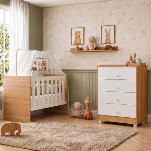 Quarto de Bebê com Berço com Suporte 100% MDF Life e Cômoda de Bebê 100% MDF 4 Gavetas Soft Life Bra
