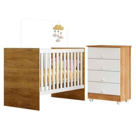 Quarto de Bebê com Berço com Suporte 100% MDF Life e Cômoda de Bebê 100% MDF 4 Gavetas Soft Life Branco/Madeirado Ypê