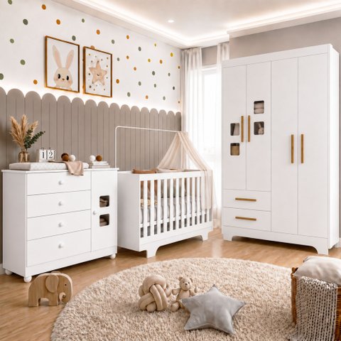 Quarto de Bebê com Berço Mini Cama, Cômoda 1 Porta 4 Gavetas e Roupeiro 4 Portas 2 Gavetas Fly Branco