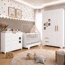 Ver imagem 1 de Quarto de Bebê com Berço Mini Cama, Cômoda 1 Porta 4 Gavetas e Roupeiro 4 Portas 2 Gavetas Fly Branco