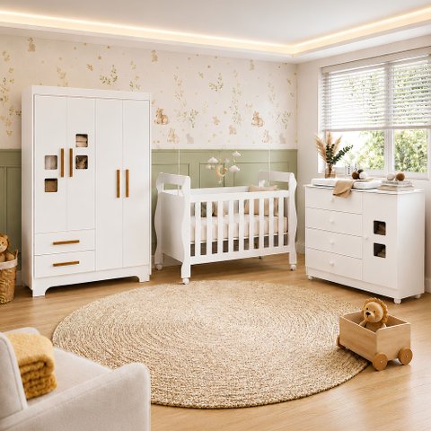 Quarto de Bebê Berço Mini Cama, Cômoda 1 Porta 4 Gavetas e Roupeiro 4 Portas 2 Gavetas Fly Branco