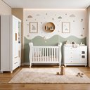 Ver imagem 1 de Quarto de Bebê Berço Mini Cama, Cômoda 1 Porta 4 Gavetas e Roupeiro Flocos 3 Portas 2 Gavetas Branco