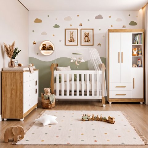 Quarto de Bebê Berço Mini Cama, Cômoda Porta 4 Gavetas Life e Roupeiro Flocos 3 Portas 2 Gavetas Bra