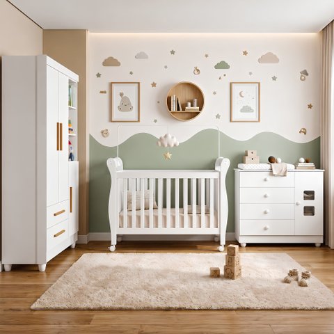 Quarto de Bebê com Berço Mini Cama, Cômoda 1 Porta 4 Gavetas e Roupeiro Flocos 3 Portas 2 Gavetas Br