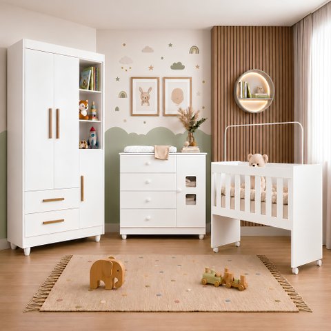 Quarto de Bebê Mini Berço com Colchão, Cômoda 1 Porta 4 Gavetas e Roupeiro Flocos 3 Portas 2 Gavetas