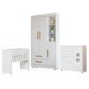 Ver imagem 1 de Quarto de Bebê Mini Berço com Colchão, Cômoda 1 Porta 4 Gavetas e Roupeiro Flocos 3 Portas 2 Gavetas Branco