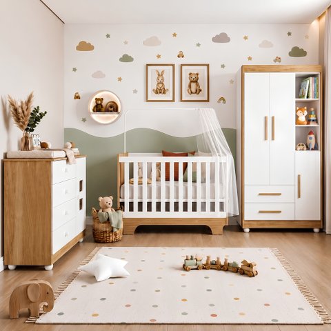 Quarto de Bebê Berço Mini Cama, Cômoda 1 Porta 4 Gavetas e Roupeiro Flocos 3 Portas 2 Gavetas Branco