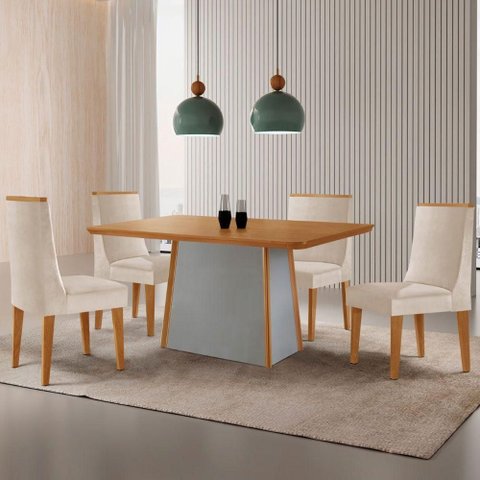 Mesa de Jantar Diane 120cm Tampo MDF Lam 4 Cadeiras Lisboa Moderna Veludo Creme Naturale Off White