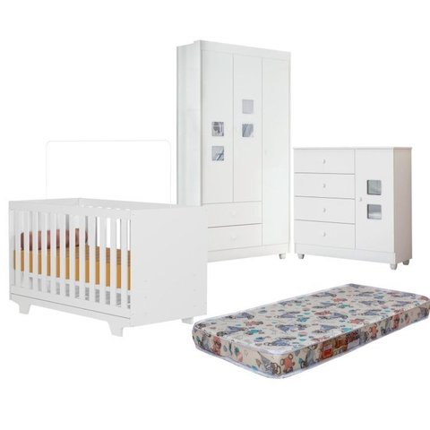 Quarto de Bebe com Berço Mini Cama 100% MDF com Colchão Life Cômoda Life Guarda-Roupa Life Branco