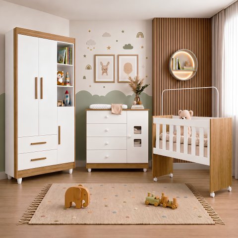 Quarto de Bebê Mini Berço, Cômoda 1 Porta 4 Gavetas e Roupeiro Flocos 3 Portas 2 Gavetas Branco/Made