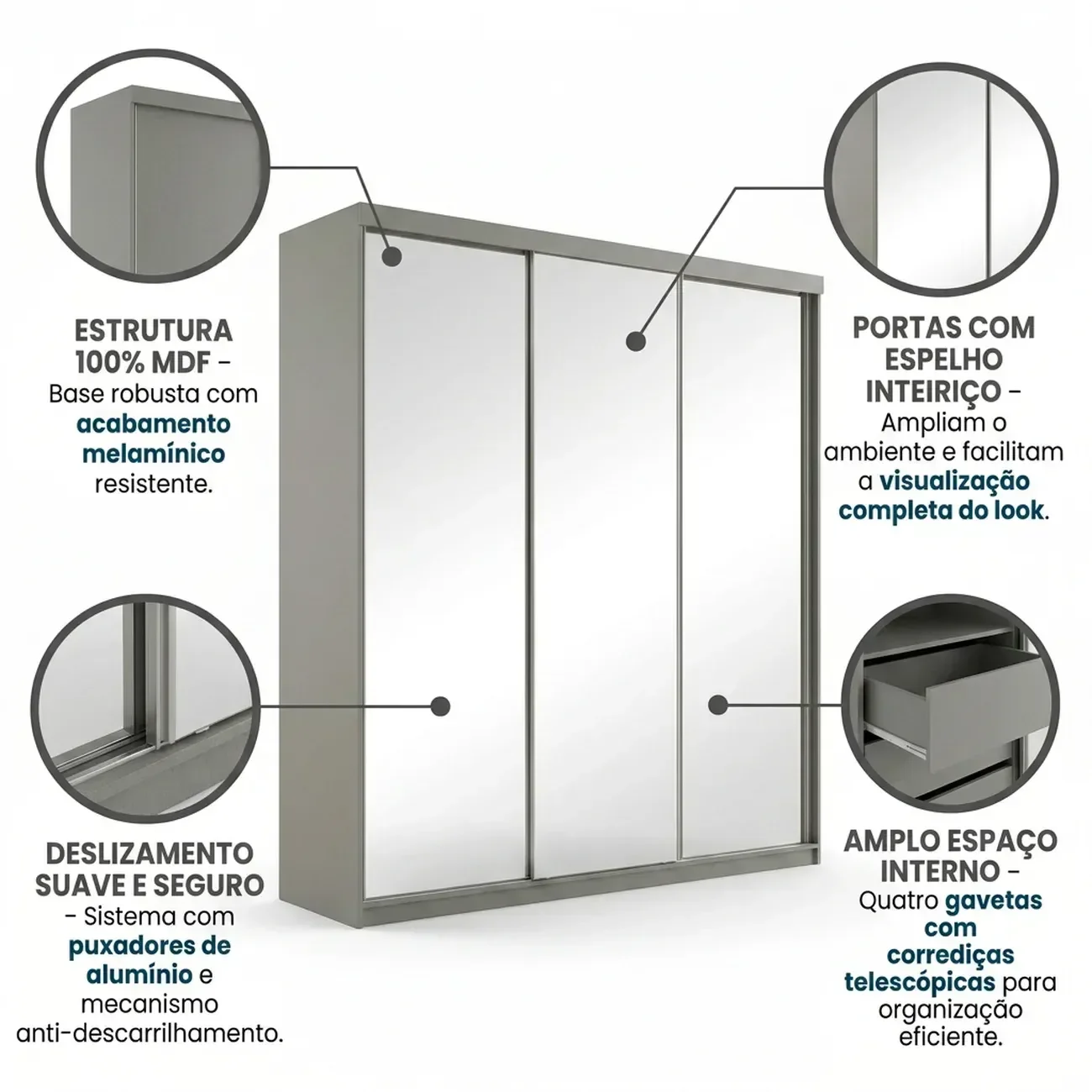 Ver imagem 6 de Guarda-Roupa Casal 3 Portas com Espelho 100% MDF Geneve Cinza/Urbi