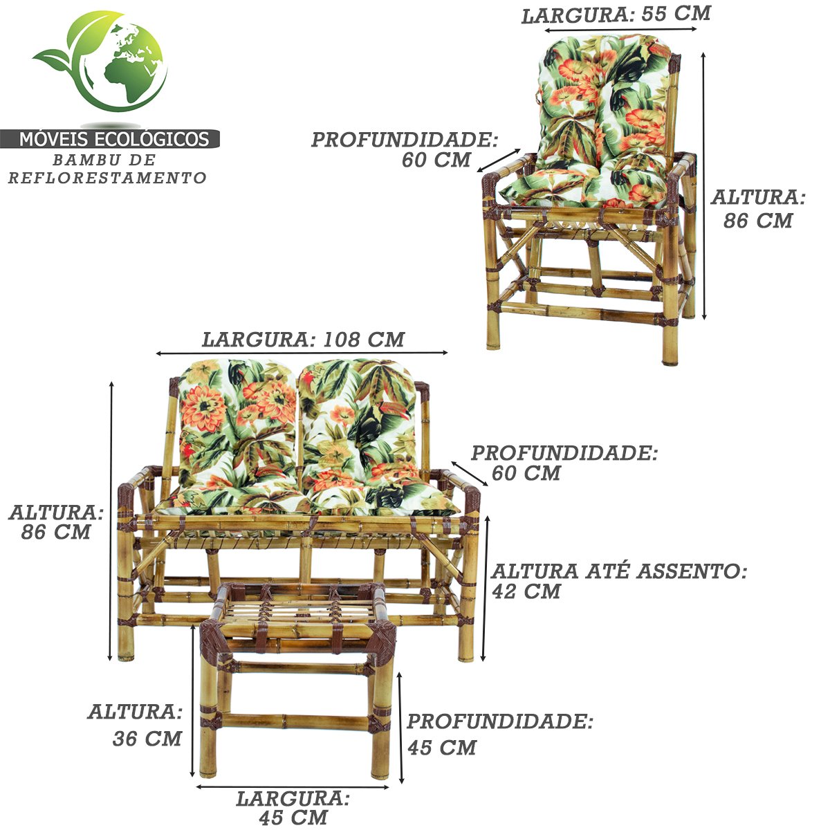 Conjunto Bambu 1 Namoradeira, 2 Cadeiras + 1 Mesa de Centro com Almofadas T12 - 3