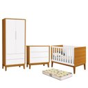 Ver imagem 1 de Dormitório Infantil Classic 2 Portas, Cômoda, Berço Branco/Savana com Pés Amadeirado e Colchão