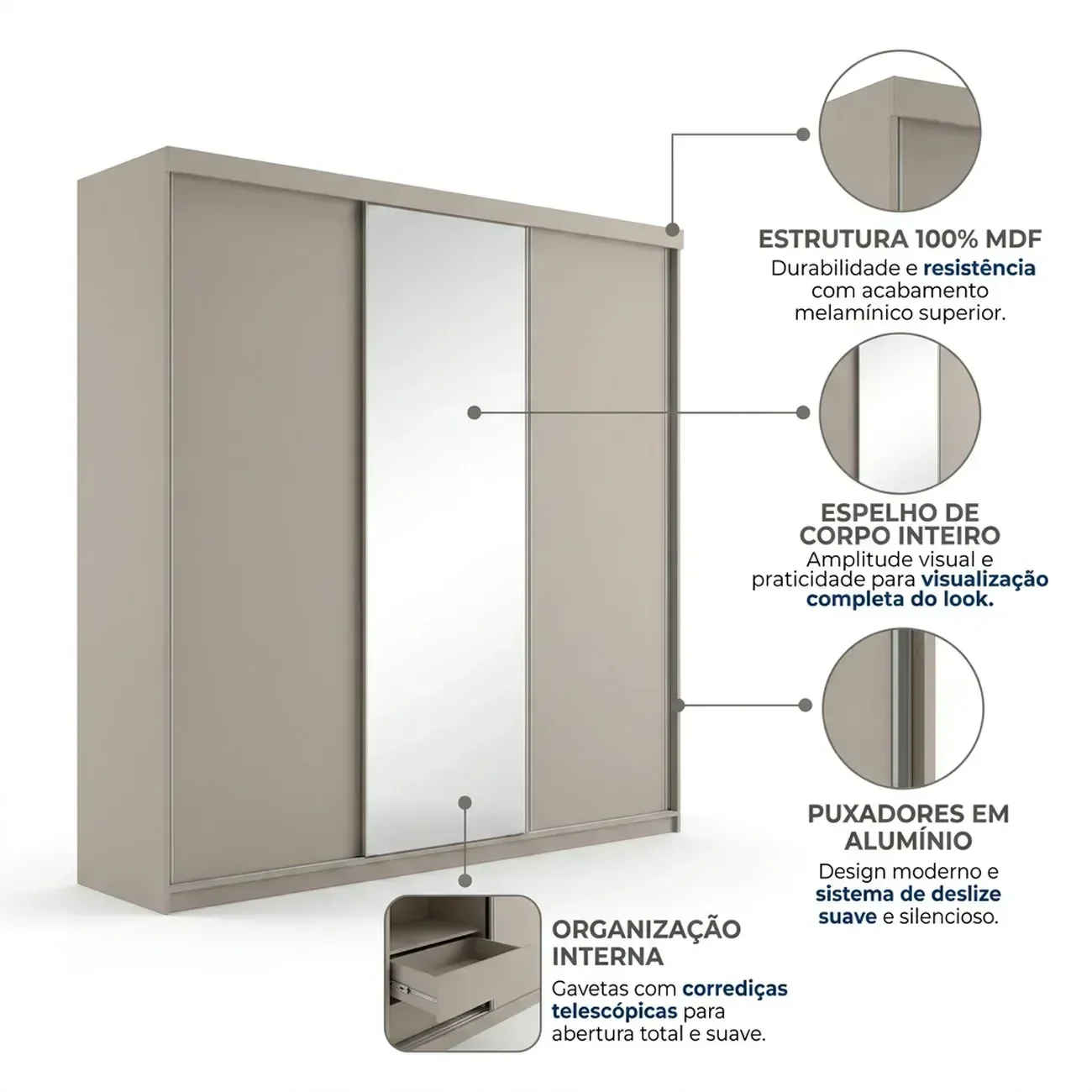 Ver imagem 6 de Guarda-Roupa Casal 3 Portas e 1 Espelho 100% MDF Geneve Bege/Panna