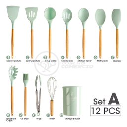 Kit 12 Utensílios de Cozinha Peças de Silicone e Cabo de Madeira Madeira Resistentes - Verde - 2