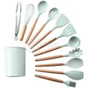 Ver imagem 1 de Kit 12 Utensílios de Cozinha Peças de Silicone e Cabo de Madeira Madeira Resistentes - Verde