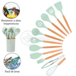 Kit 12 Utensílios de Cozinha Peças de Silicone e Cabo de Madeira Madeira Resistentes - Verde - 3