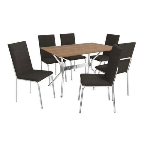 Conjunto: Mesa Sala Jantar Loire C/ Tampo de Madeira 1.60 Cm e 6 Cadeiras Amsterdã Cromada/nogueira