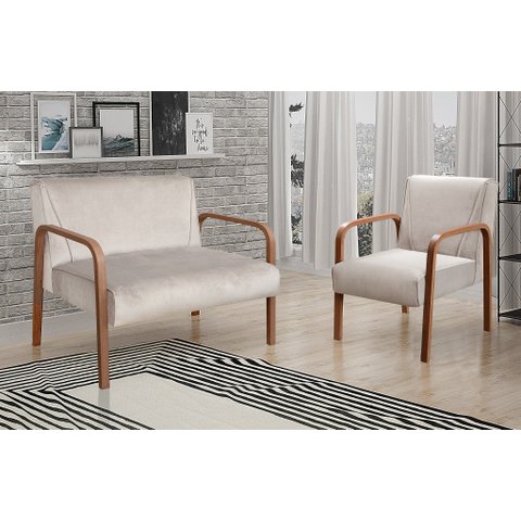 Conjunto Decorativo Anita Kit Namoradeira + Poltrona Sala, Recepção Bege Claro 080