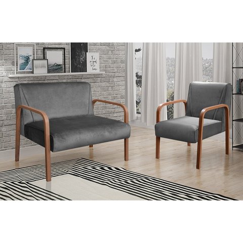 Conjunto Decorativo Anita Kit Namoradeira + Poltrona Sala, Recepção Cinza Grafite 220