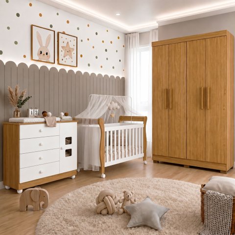 Quarto de Bebê com Berço Mini Cama, Cômoda 1 Porta 4 Gavetas e Roupeiro 4 Portas 3 Gavetas 100% MDF 