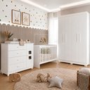 Ver imagem 1 de Quarto de Bebê com Berço com Colchão Suporte, Cômoda 1 Porta 4 Gavetas e Roupeiro 4 Portas 3 Gavetas
