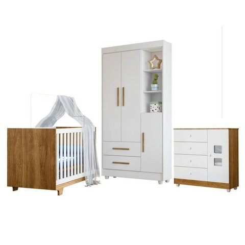 Quarto de Bebê com Berço Mini Cama, Cômoda 1 Porta 4 Gavetas e Roupeiro Flocos 3 Portas 2 Gavetas Branco/Madeirado Ypê