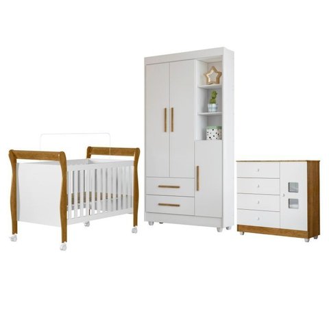 Quarto de Bebê com Berço Mini Cama, Cômoda 1 Porta 4 Gavetas e Roupeiro Flocos 3 Portas 2 Gavetas Branco/Madeirado Ypê
