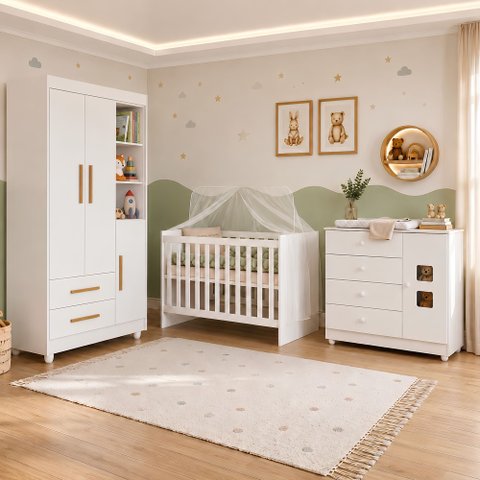 Quarto de Bebê Berço com Colchão, Cômoda 1 Porta 4 Gavetas e Roupeiro Flocos 3 Portas 2 Gavetas Bran