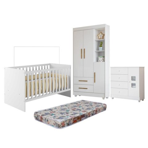 Quarto de Bebê Berço com Colchão, Cômoda 1 Porta 4 Gavetas e Roupeiro Flocos 3 Portas 2 Gavetas Branco